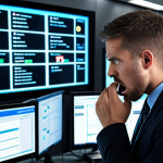 ** A security analyst overwhelmed by a screen full of SIEM alerts, many of which are false positives. Emphasize the frustration and time wasted sifting through irrelevant notifications. The setting is a modern SOC (Security Operations Center).

**