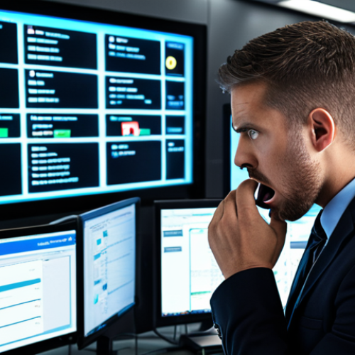 Home 4 ** A security analyst overwhelmed by a screen full of SIEM alerts, many of which are false positives. Emphasize the frustration and time wasted sifting through irrelevant notifications. The setting is a modern SOC (Security Operations Center).
**
